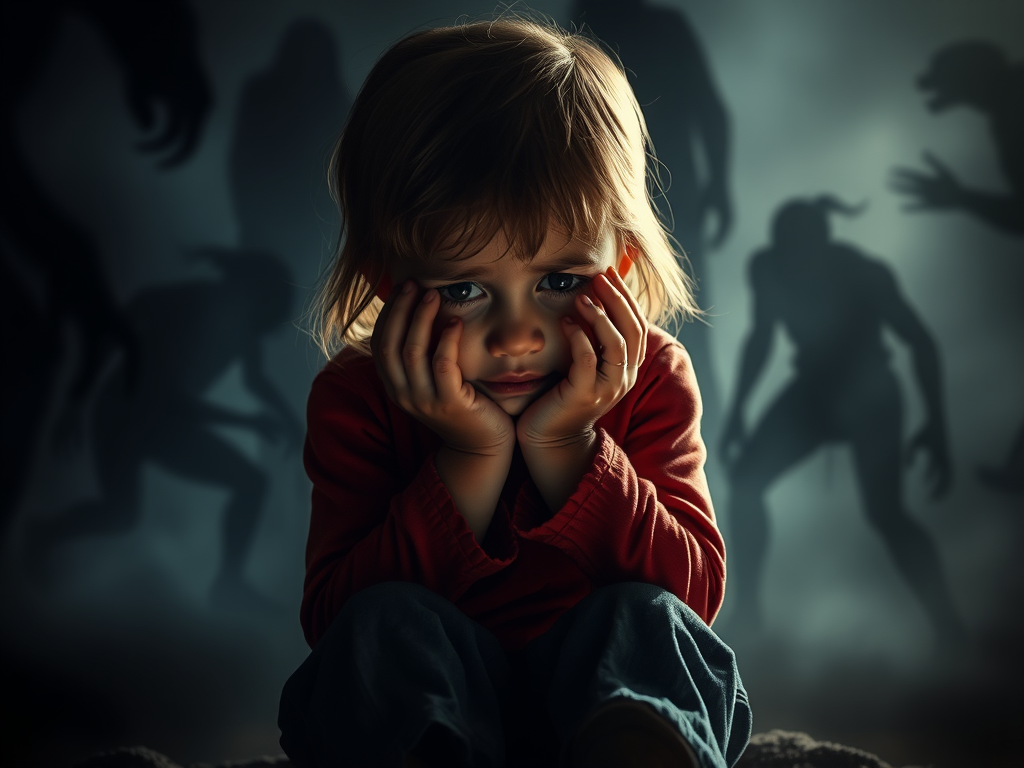 A young child sitting on the ground with a worried expression, supporting their head with their hand, against a dark background filled with shadowy figures that create a sense of fear or anxiety.