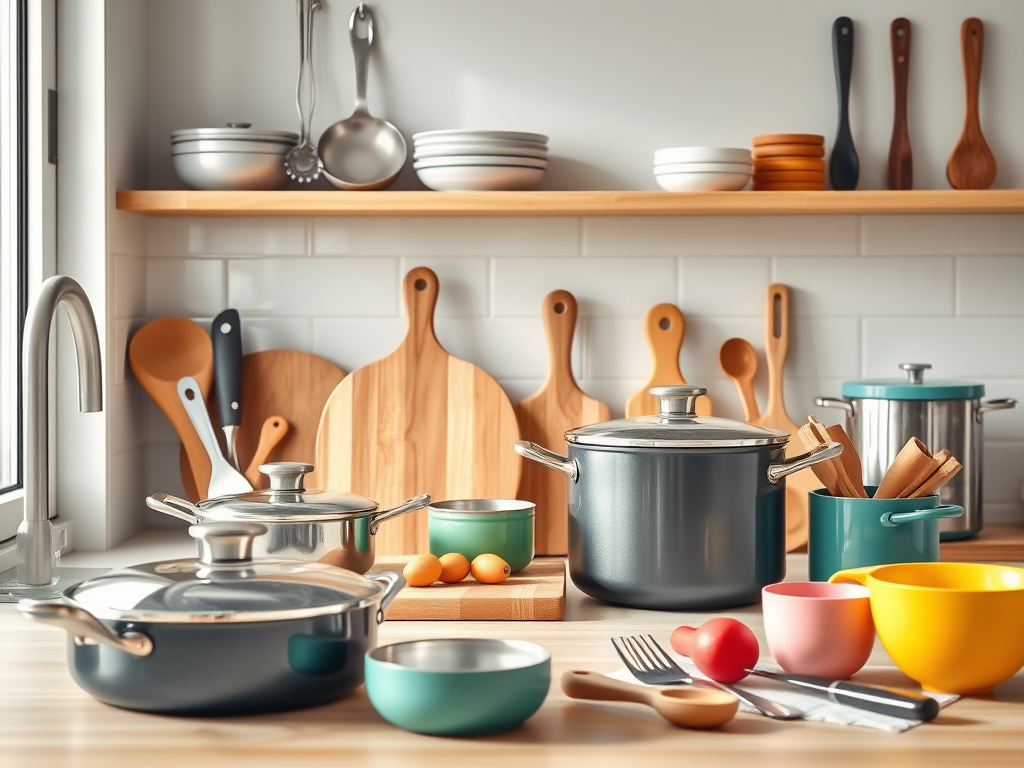 A cozy kitchen countertop featuring various cooking utensils, pots, and colorful bowls, with a light-filled window in the background.