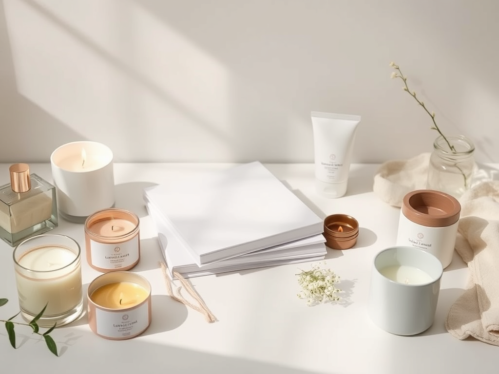A serene arrangement of candles and skincare products on a light surface, with blank notebooks and a small vase of flowers, creating a calming ambiance.